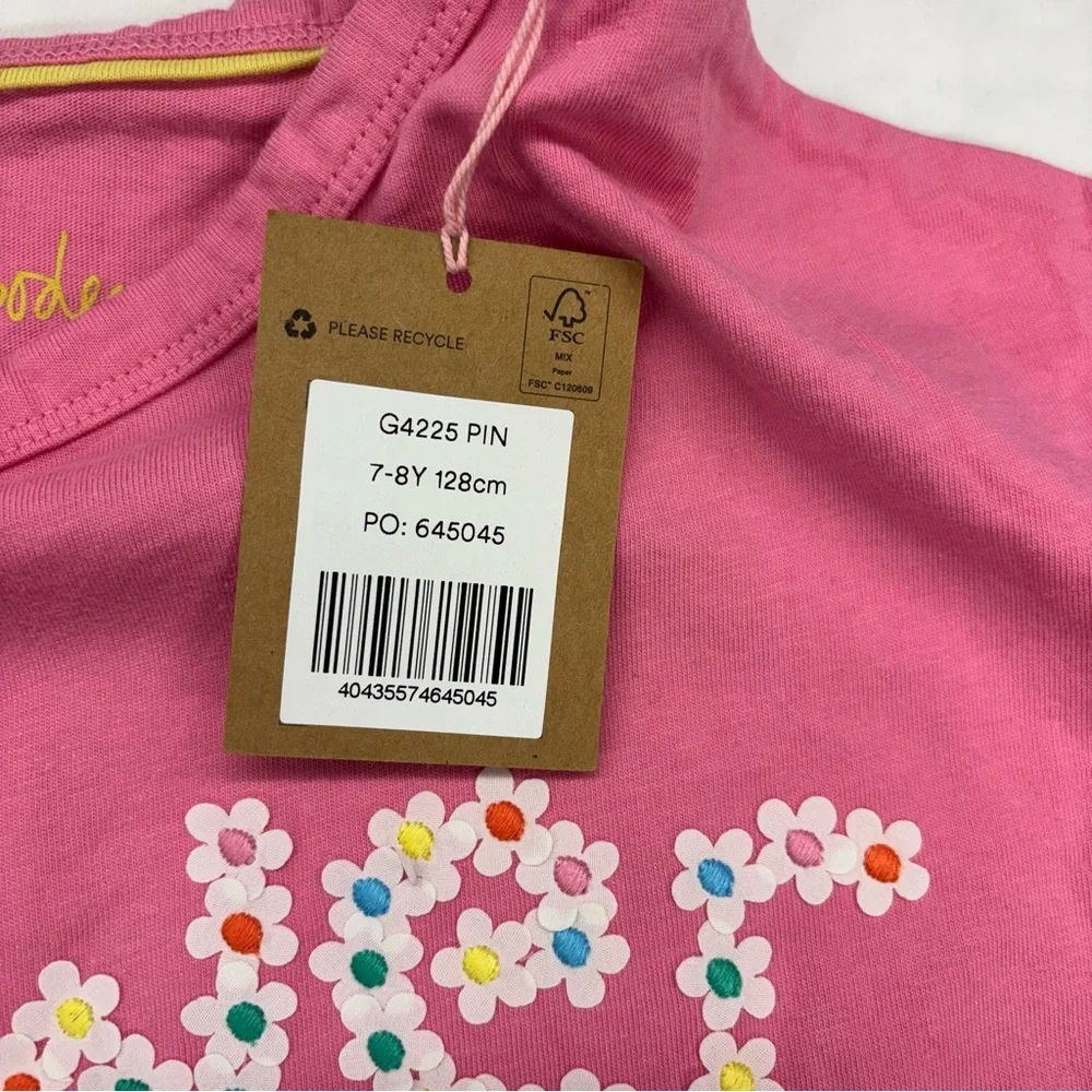 NEW Mini Boden Pink “Flower Power” Kids Tee Short‎ Sleeve Size 7-8